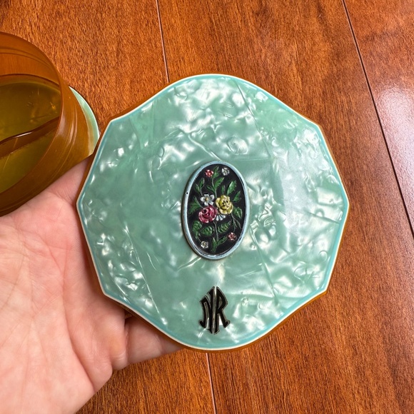 1930s Celluloid Art Deco Amber Blue Floral Powder Vanity Jar Trinket Box Jewelry - Picture 2 of 11